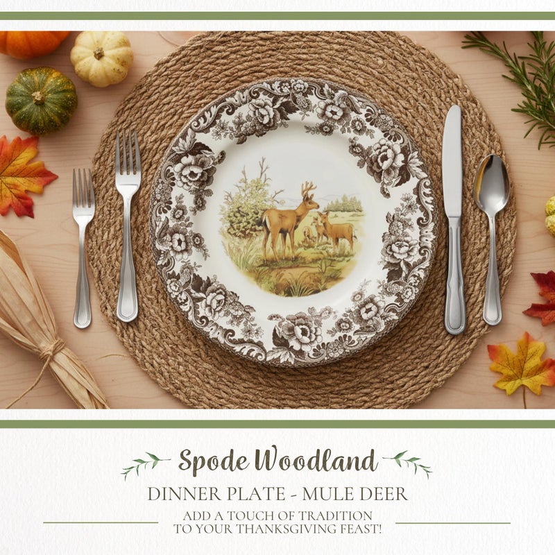 Spode Woodland American Wildlife Mule Deer Dinner Plate - Rustic Earthenware Tableware, 10.5" Collectible Plate for Holiday Dining, Dishwasher, Microwave, Oven Safe - Made in England - Image 2